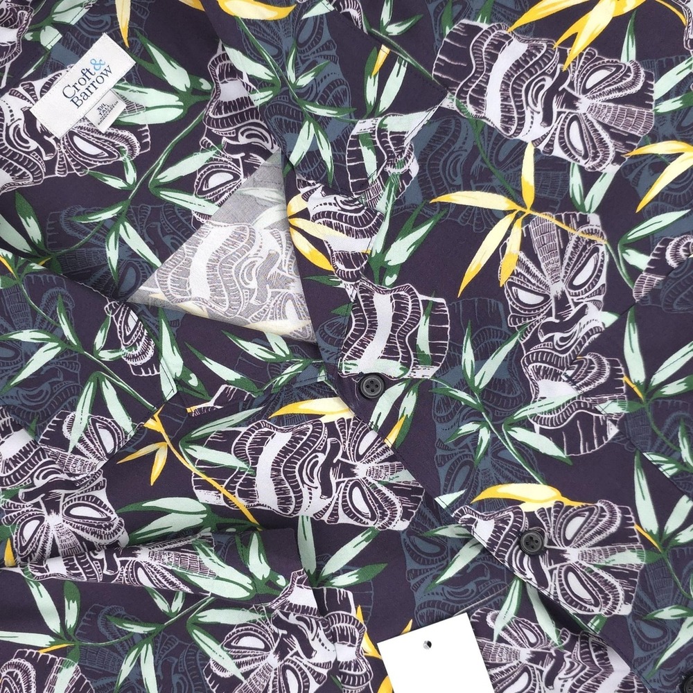 Croft & Barrow Shirt Mens 3XLT Blue Tiki Hawaiian Short Sleeve Rayon Camp Aloha